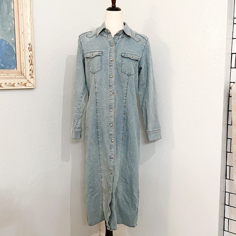 Anthropologie Isabella Bird Denim Maxi Dress Western Cowboy Prairie Long Sleeve